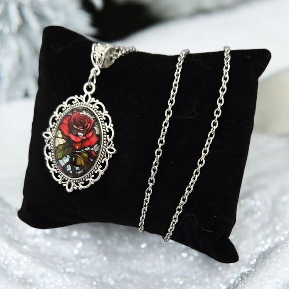 Mosaic Red Rose Portrait Cabochon Silver Glass Dome Victorian Goth Necklace - Picture 5 of 8